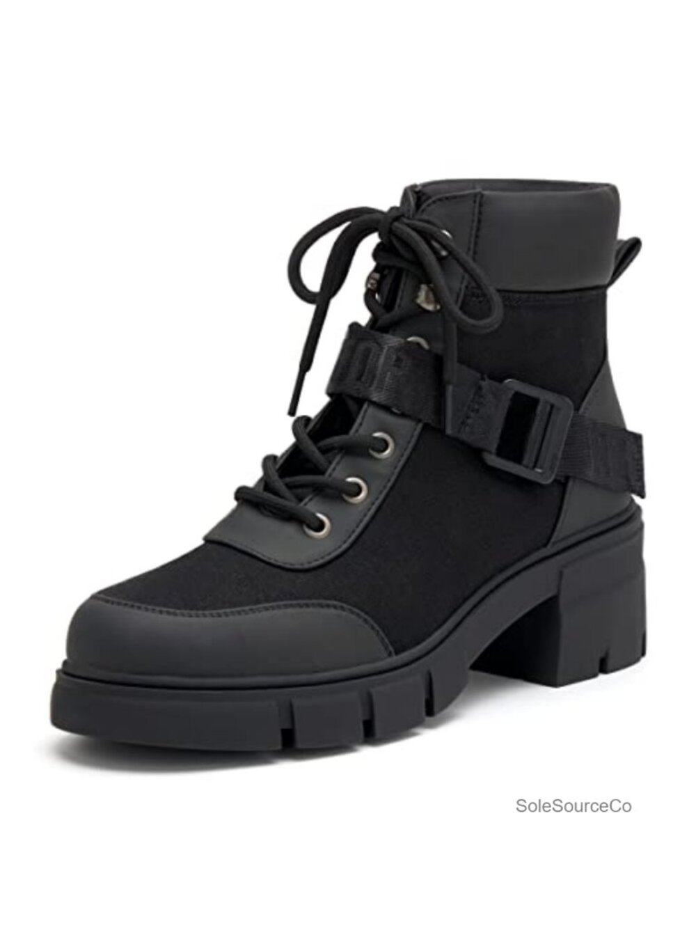 Women's Combat Boots Chunky Lug Sole Lace-Up Ankle Boots with Buckle
